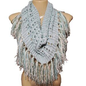 NEW Cowl Scarf Hand Knitted Seafoam Pale Blue Boho Fringe Fairy Coquette Cottage